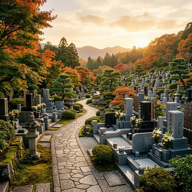 静かな日本の墓地の庭園風景。朝の柔らかい自然光と整然と並ぶ墓石
