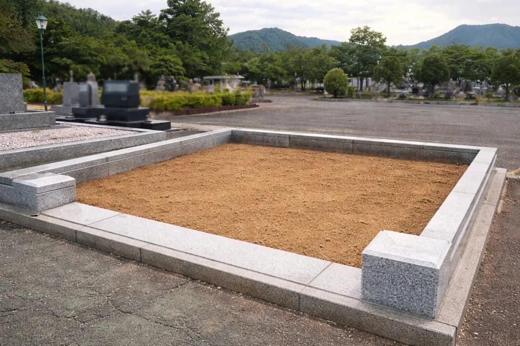 お墓じまい完了後に更地に整地された墓地区画