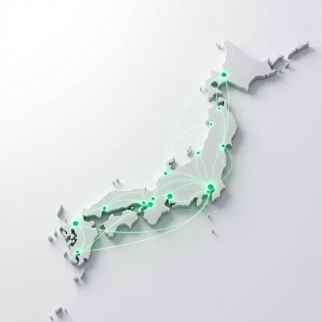 日本列島と全国ネットワークを象徴するインフォグラフィック風デザイン
